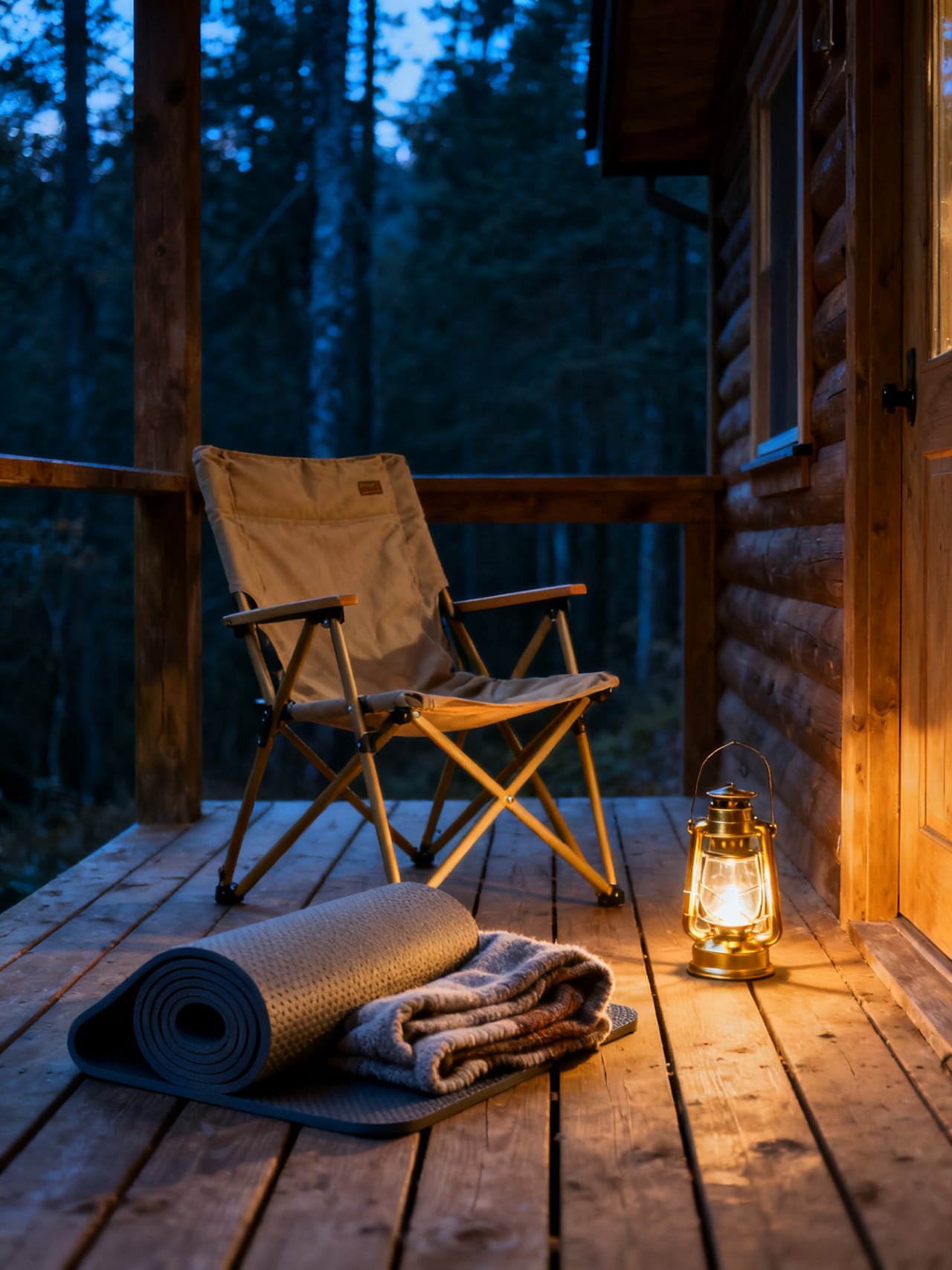 A wooden cabin porch at blue hour with a folding canvas camp chair beside a rolled foam mat and a folded wool blanket, a