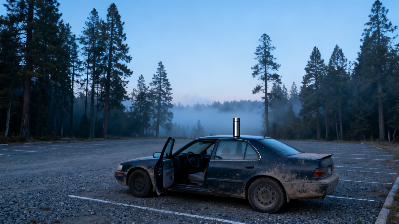 An empty gravel trailhead parking lot at first light, a single dusty dark car with its driver door open and a steel ther