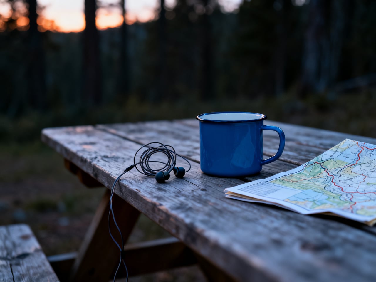 Side view still life on a weathered wooden picnic table outdoors at dusk: a coiled pair of wired earbuds, a blue enamel